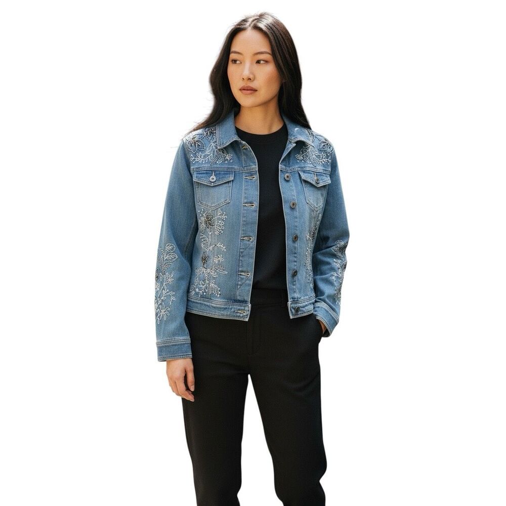Chico's Platinum Embroidered Floral Denim Jacket Beaded Blue Jean Coat Size 1
